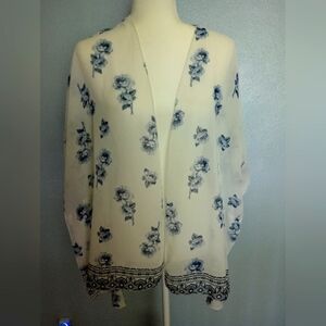 Blue Floral Flower Rose Sheer Open Front Kimono Top